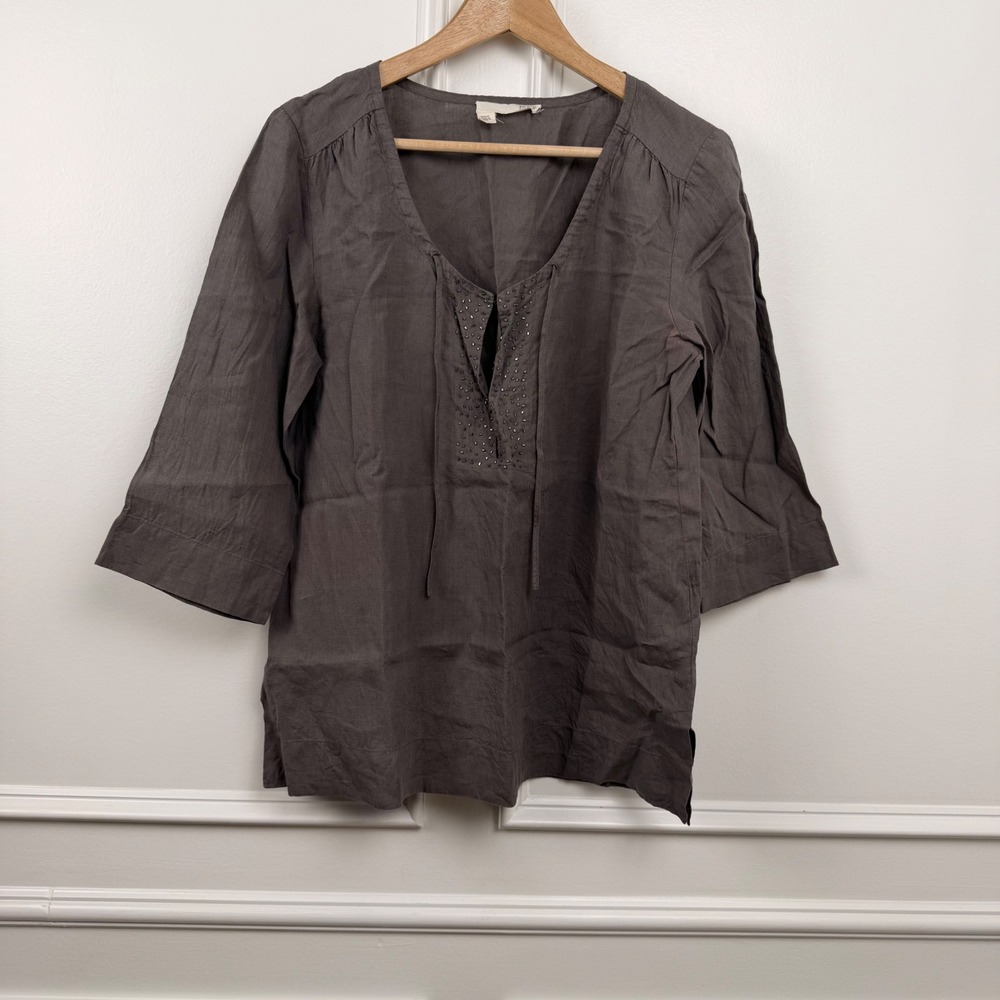 Eileen Fisher Womens Irish Linen Sequin Split Neck Tunic Top Gray S1ALA-2 M